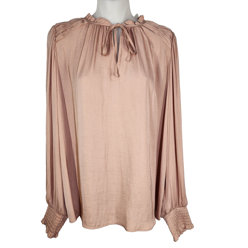 Rachel Roy Blouse Womens Large Keyhole Tie Front Smocked Long Sleeve Ruffle Top